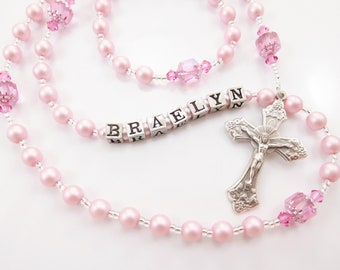 Personalized Rosary Beads in Bubblegum Pink Czech Glass - Baptism Gift, First Communion Gift, Confirmation, Baby or Girl Keepsake