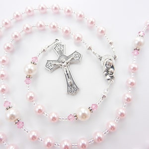 First Communion Rosary Gift for a Little Girl Keepsake for Baptism Christening All Ages Pretty Pink and White Handmade image 6