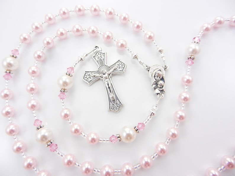 First Communion Rosary Gift for a Little Girl Keepsake for Baptism Christening All Ages Pretty Pink and White Handmade image 6