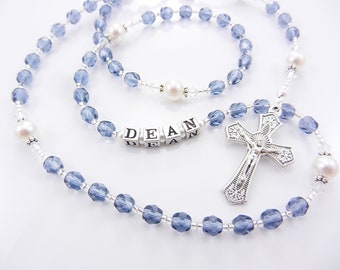 Personalized Rosary for a Boy in Dark Blue and White - Baptism, First Communion, Confirmation Catholic Gift - Baby Keepsake -Handmade in USA