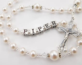 June Birthstone Rosary Beads - White Pearls - Personalized - Baptism, First Communion, Confirmation Gift- Made in USA