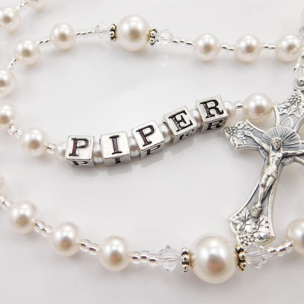 June Birthstone Rosary Beads - White Pearls - Personalized - Baptism, First Communion, Confirmation Gift- Made in USA