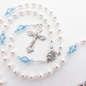 Personalized Rosary Beads in Aquamarine Crystals - March Birthstone Gift for a Girl&#39;s Baptism, Christening, First Communion, or Confirmation