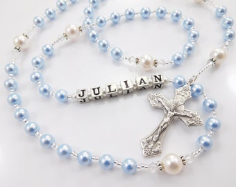 Baby Blue and White - Personalized Baptism Rosary Gift for a Baby Boy, Christening, First Communion, Confirmation Keepsake - Made in USA