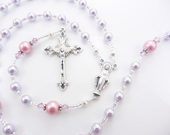 Personalized Rosary Beads in Lavender and Dusty Rose - Baptism Gift, First Communion Gift, Confirmation, Baby or Little Girl Keepsake