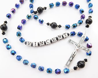Handmade Personalized Rosary Beads - Iridescent Blue and Black - Baptism Christening, First Communion, Confirmation Gift Boy