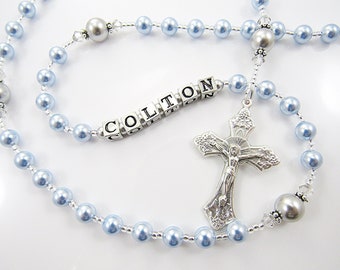 First Communion or Baptism Gift for a Boy - Personalized Rosary Beads - Baby Blue and Gray - Handmade in USA