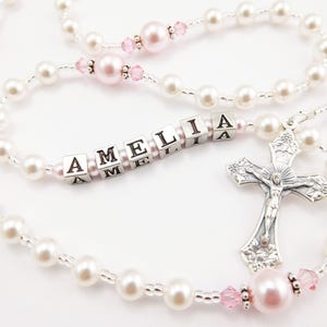 Personalized Rosary Beads in White and Pink - Baptism Gift, First Communion Gift, Confirmation, Baby or Little Girl Keepsake, Mother Rosary