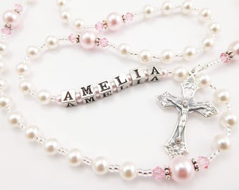 Personalized Rosary Beads in White and Pink - Baptism Gift, First Communion Gift, Confirmation, Baby or Little Girl Keepsake, Mother Rosary