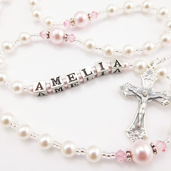 Baptism Gift for a Baby Girl - Personalized Rosary in White and Pink Pearls - First Communion Gift - Choose Your Colors Peach, Purple, Blue