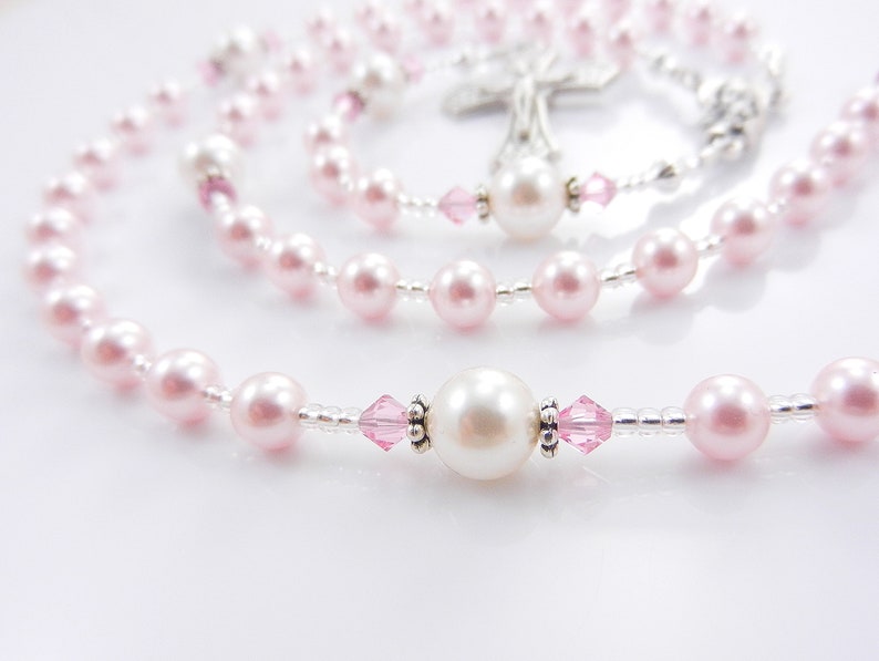 personalized rosary beads for baptism or first communion gift for a girl. Pink and white pearls. Personalized with a name or initials. Handmade in USA.