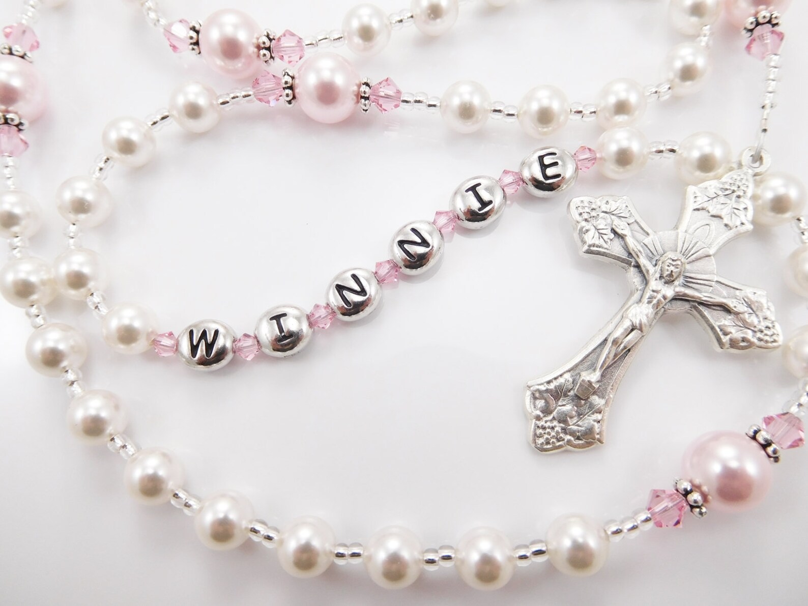 Personalized Rosary Beads in White and Pink Baptism Gift - Etsy