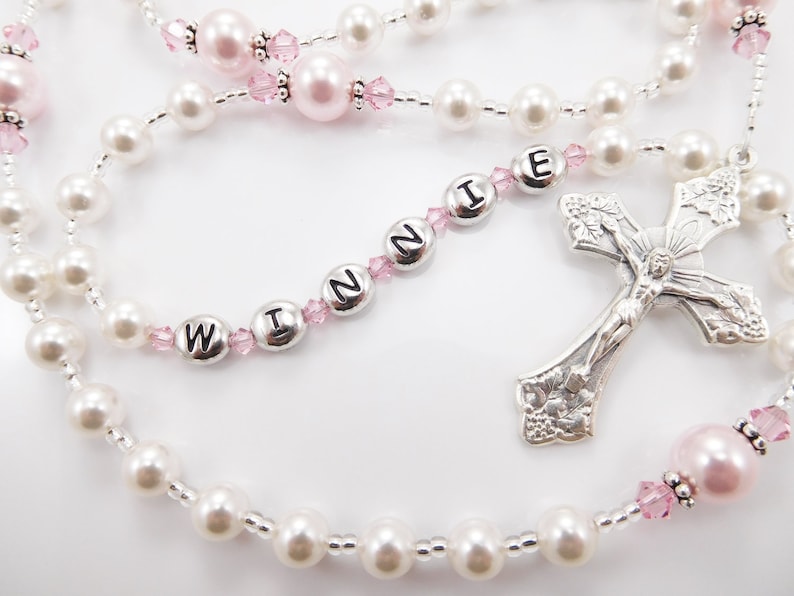 Personalized Rosary Beads in White and Pink Baptism Gift Etsy