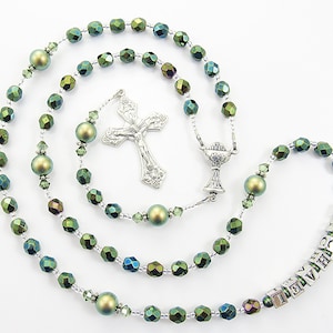 Personalized Rosary Beads in Iridescent Green Rosary Beads - Personalized Baptism, Confirmation - Male or Female Gift