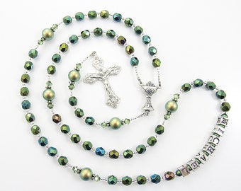 Personalized Rosary Beads in Iridescent Green Rosary Beads - Personalized Baptism, Confirmation - Male or Female Gift