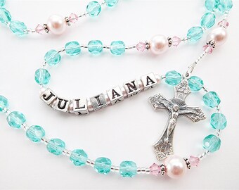 Personalized Rosary Gift - First Communion - Aqua and Pink Personalized Rosary Beads - Baptism, Christening or Confirmation - for a girl -