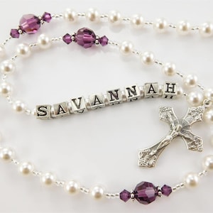 February Birthstone Rosary Personalized in White and Amethyst Purple Crystals Baptism, First Communion, or Confirmation Gift for Girls