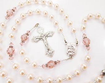 Personalized Handmade Rosary Beads in Pale Pink - Crystal Pearls - Baptism Christening First Holy Communion Gift or Confirmation Gift