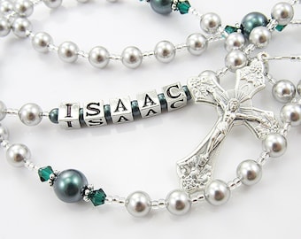 First Communion Boy Gift - Personalized Rosary Beads in Light Gray and Green - Baptism, Christening, or Confirmation Gift for a Male