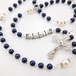 Baptism Boy Rosary Gift in Navy Blue and White Christening, First Holy Communion, Confirmation Male Baby Keepsake Handmade in USA image 1