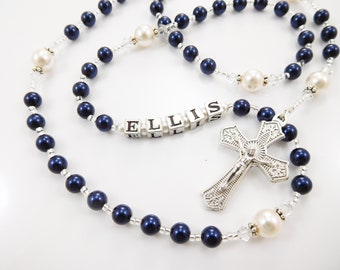 Baptism Boy Rosary Gift in Navy Blue and White - Christening, First Holy Communion, Confirmation Male Baby Keepsake - Handmade in USA