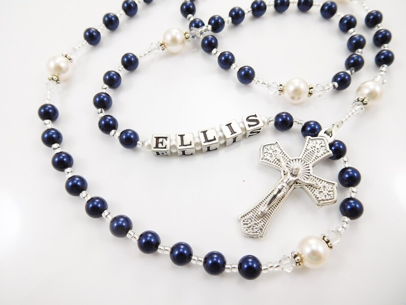 Baptism Boy Rosary Gift in Navy Blue and White Christening, First Holy Communion, Confirmation Male Baby Keepsake Handmade in USA image 1