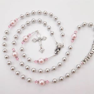 Baptism, First Communion Personalized Rosary Gift Girl Catholic Confirmation or Quinceanera Gray and Pink image 7