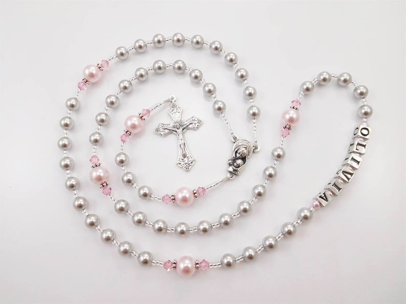 Baptism, First Communion Personalized Rosary Gift Girl Catholic Confirmation or Quinceanera Gray and Pink image 7