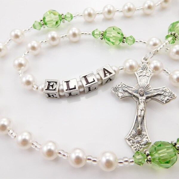 August Birthstone Rosary in Peridot -  Personalized Rosary - Pearls and Crystals - Baptism, First Communion, or Confirmation Gift