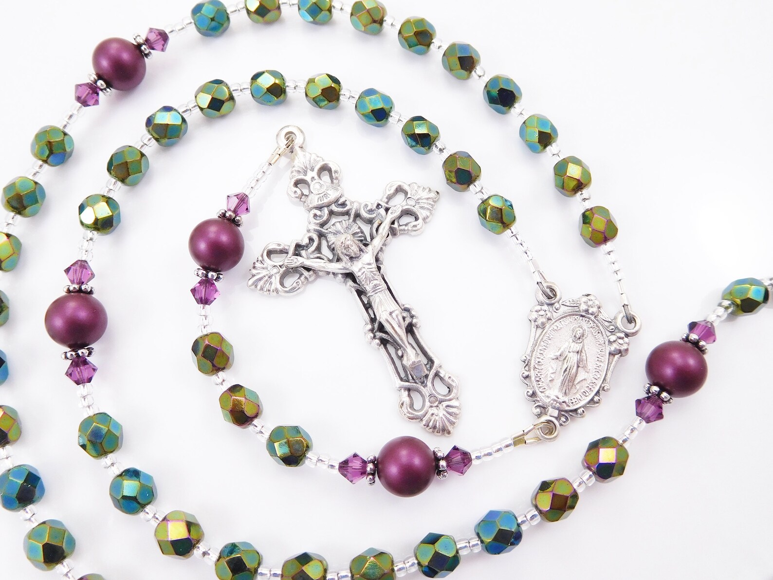 Personalized Rosary Beads Iridescent Green and Plum Purple Etsy