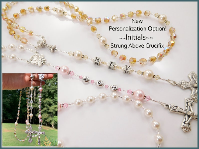 Baptism, First Communion Personalized Rosary Gift Girl Catholic Confirmation or Quinceanera Gray and Pink image 6
