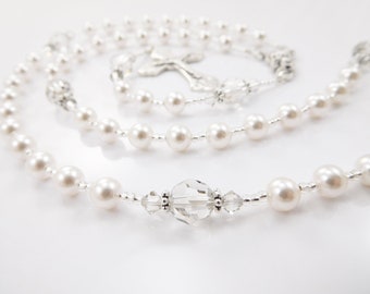 Baptism Handmade Personalized Rosary for Girl for Boy White Crystal Pearls- Christening, First Communion, Confirmation Gift