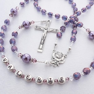 Catholic Rosary Beads for a Woman, Child or Baby Girl - Baptism or First Communion Gift- Beautiful Purple - Personalized Rosary for Mother