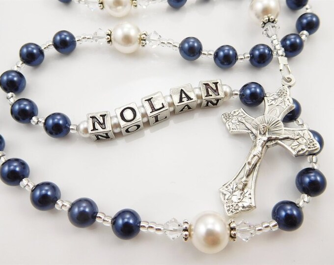 Baptism Boy Rosary Gift in Navy Blue and White Christening Etsy