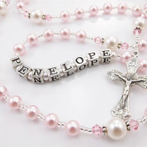 First Communion Rosary Gift for a Little Girl Keepsake for Baptism Christening All Ages Pretty Pink and White Handmade image 1