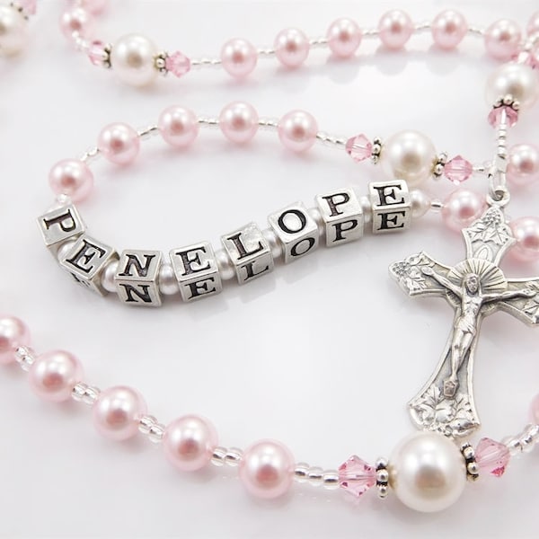 First Communion Rosary Gift for a Little Girl - Keepsake for Baptism Christening - All Ages - Pretty Pink and White - Handmade