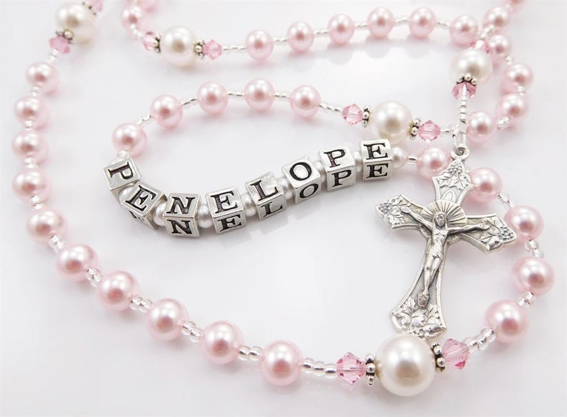 First Communion Rosary Gift for a Little Girl Keepsake for Baptism Christening All Ages Pretty Pink and White Handmade image 1