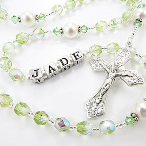 Personalized Peridot Rosary: August Birthday Gift, Czech Glass Beads