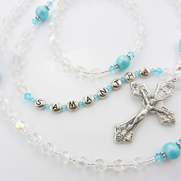 Crystal and Turquoise Personalized Rosary - Baptism First Communion, Confirmation Gift for a Girl