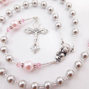 Baptism, First Communion Personalized Rosary Gift Girl Catholic Confirmation or Quinceanera Gray and Pink image 1