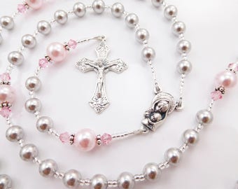 Baptism, First Communion Personalized Rosary Gift Girl - Catholic Confirmation or Quinceanera - Gray and Pink