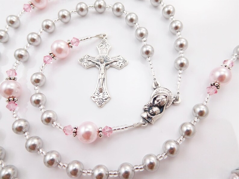 Baptism, First Communion Personalized Rosary Gift Girl Catholic Confirmation or Quinceanera Gray and Pink image 1