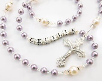 Personalized Handmade Rosary Gift for Girl - Purple and Cream - Baptism, First Communion, Christening, Confirmation, Mother - Made in USA
