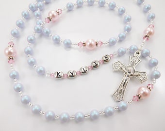 Personalized Rosary Dreamy Light Blue and Pink - Baptism Gift, First Communion Gift, Confirmation, Baby or Little Girl Keepsake