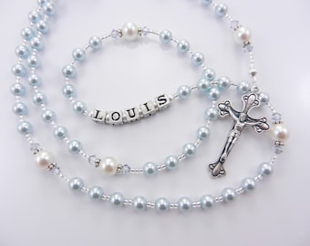 Baby Boy Baptism Personalized Rosary in PALE Blue and White - Christening, First Communion, Catholic Keepsake Gift - Handmade in USA