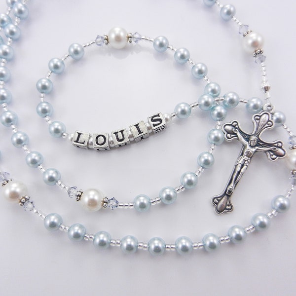 Baby Boy Baptism Personalized Rosary in PALE Blue and White - Christening, First Communion, Catholic Keepsake Gift - Handmade in USA