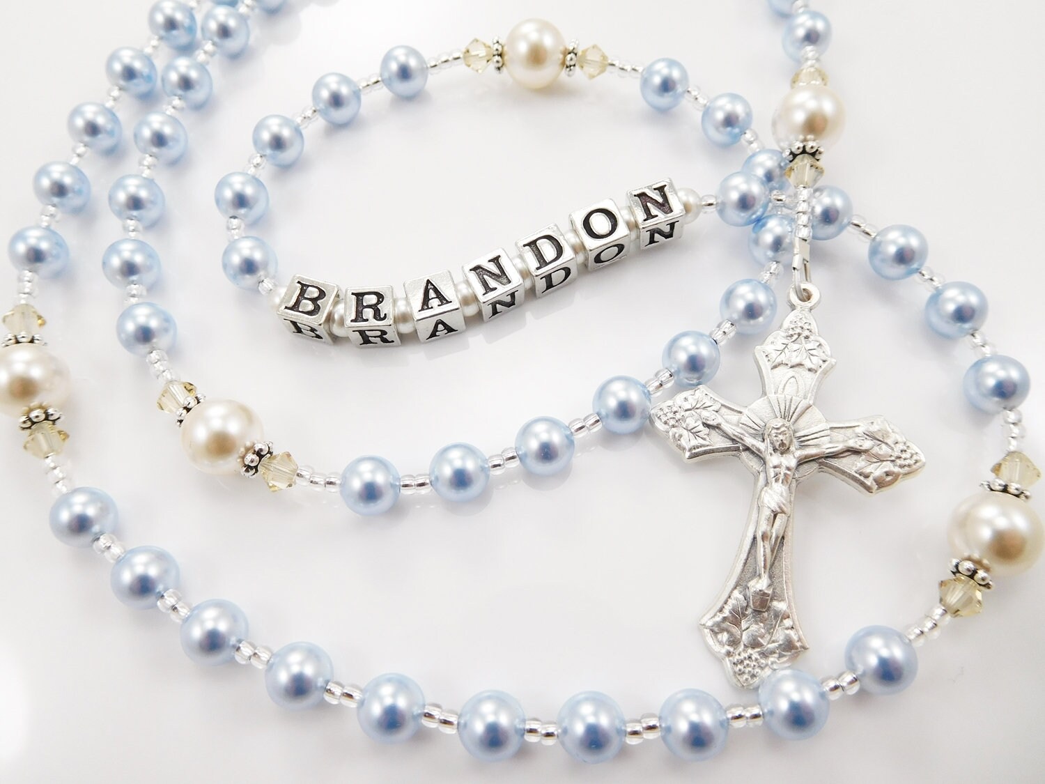 Personalized Rosary for a Boy in Baby Blue and Cream Etsy