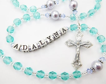 First Communion Gift for a Girl - Personalized Rosary - Aqua Teal and Purple - Baptism Baby Keepsake - Pretty Gift for a Little Girl