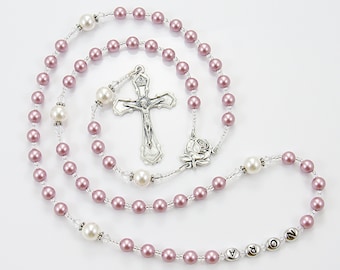 Personalized Rosary Gift for a Girl - Rose Pink and White - Baptism First Communion, Confirmation - Handmade in the USA