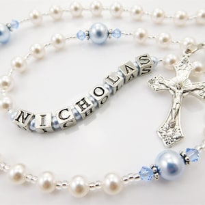 Baby Boy Baptism Personalized Rosary in White and Light Blue Christening, First Communion, Confirmation Catholic Gift - Handmade in USA